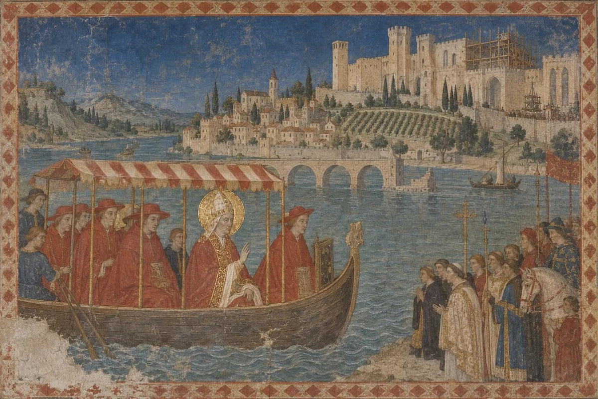 Illustration: a pope arrives by river at Avignon, the papal palace under construction above the town